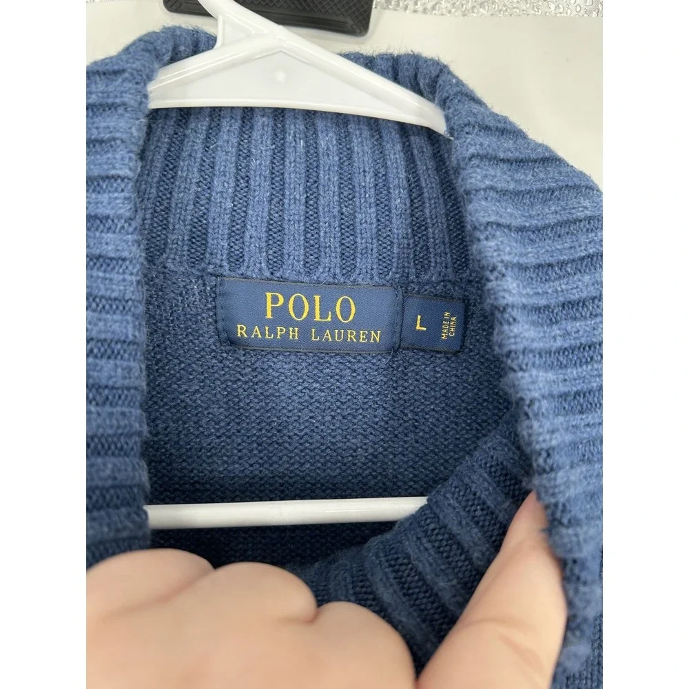 Polo‎ Ralph Lauren Sweater Leather Tab Quarter 1/4 Zip Pullover Blue Knit Mens L